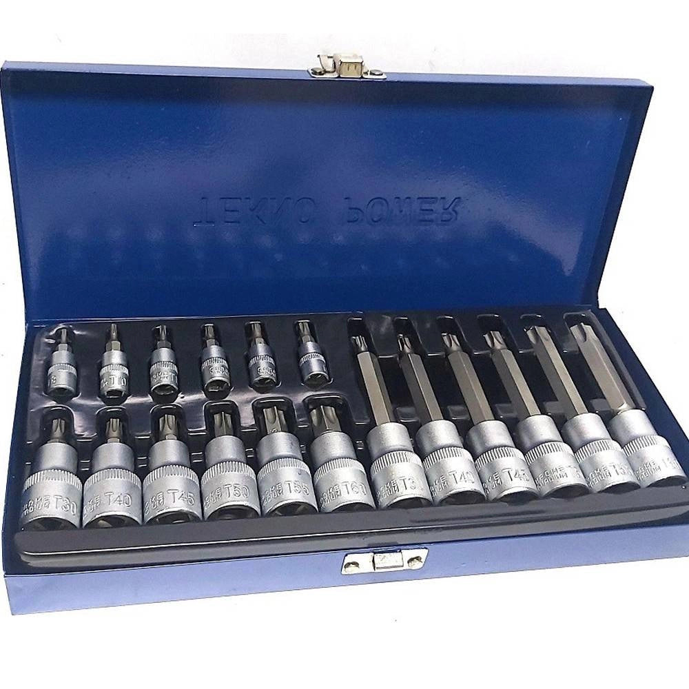 Trade Shop - Kit Set Inserti Chiavi 19 Pezzi Bussole Chiavi Torx Maschi 1/4" 1/2" In Valigia -