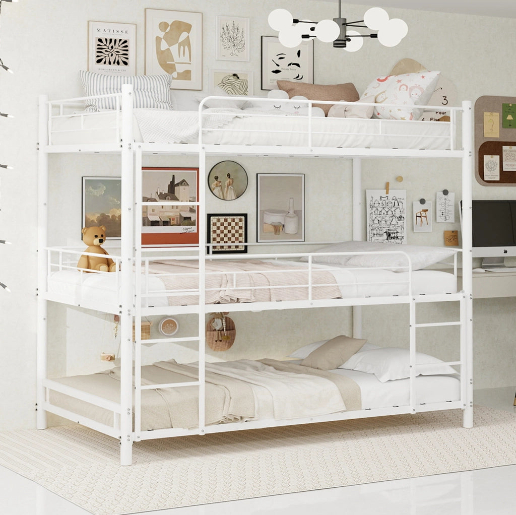 Letto a castello a tre posti 90x190 cm con due scale integrate in ferro bianco