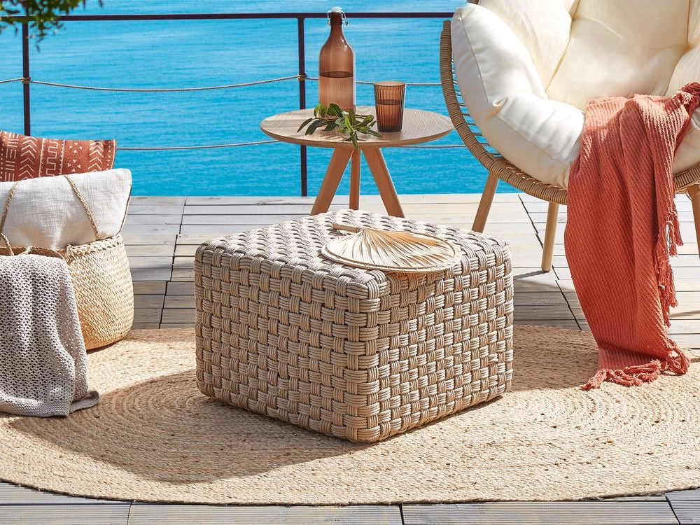 Pouf da giardino tortora in materiale sintetico 50 x 50 cm Pouf da esterno intrecciato a mano in stile boho