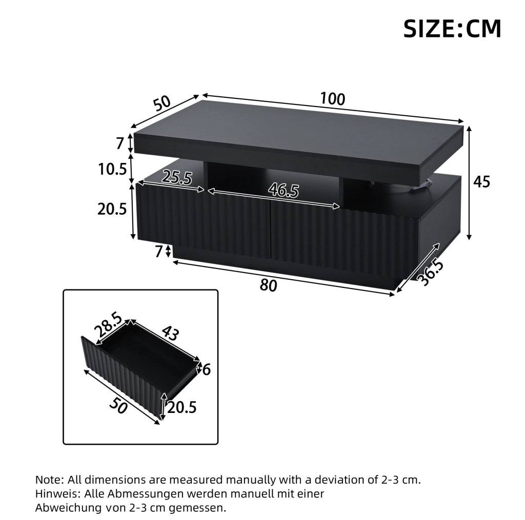 Tavolino da caffè 100 x 50 x 45 cm con 2 cassetti; LED e finitura nera in truciolare