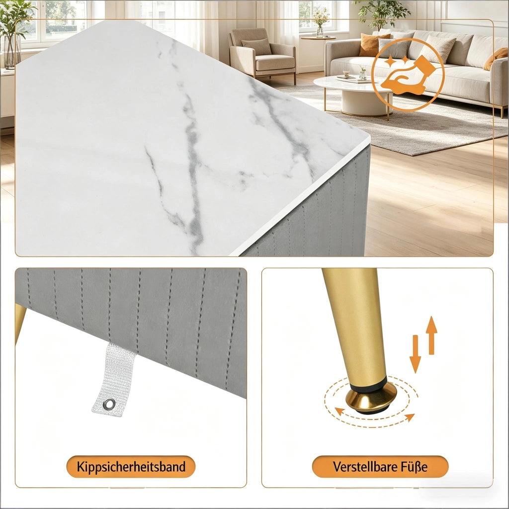 Comodino moderno con 3 cassetti in MDF, velluto e legno con gambe in metallo, grigio, 40,5 × 41 × 62 cm