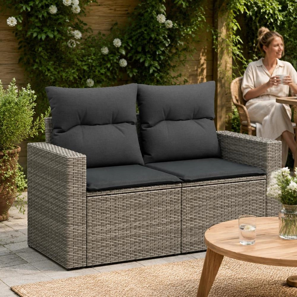 2-seater Garden Sofa With Cushions, Grey Poly Rattan