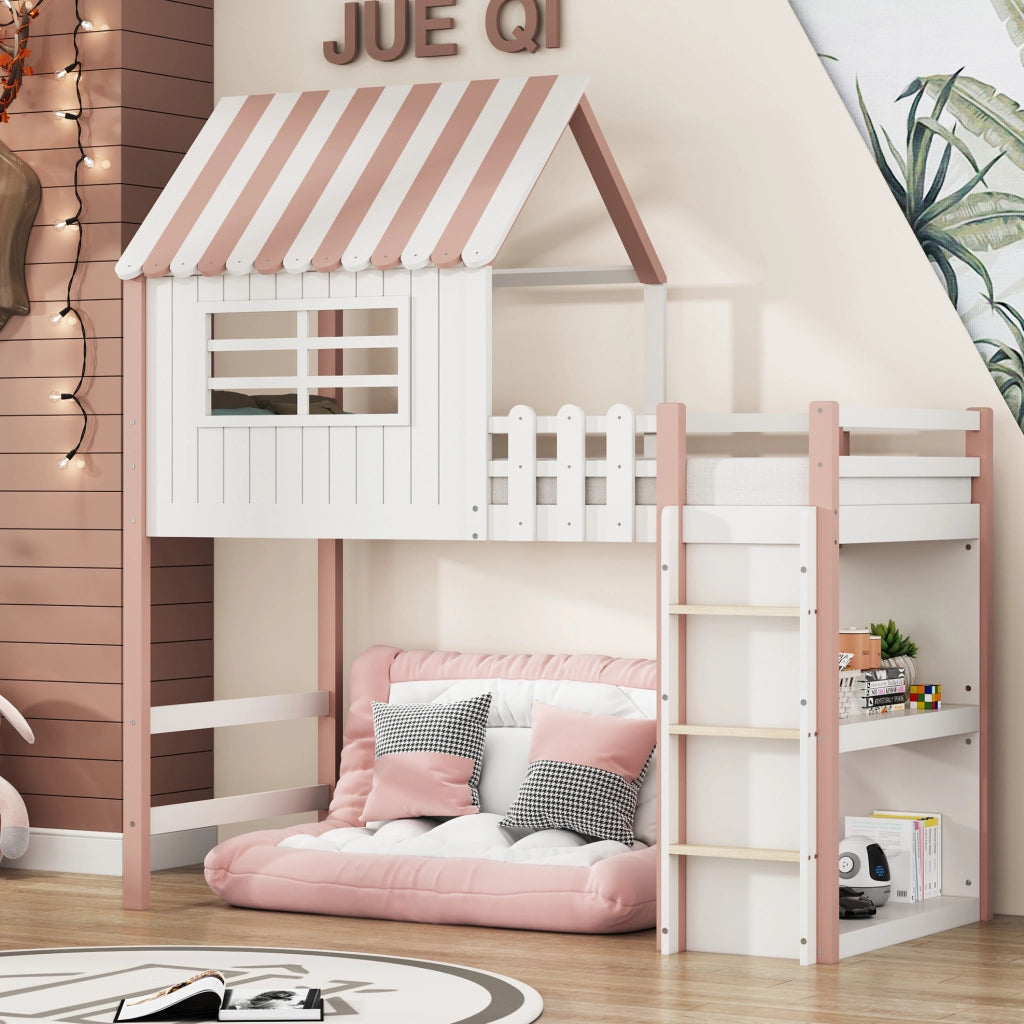 Letto per bambini 90x200 cm a casetta con scala e ripiano in legno massello rosa