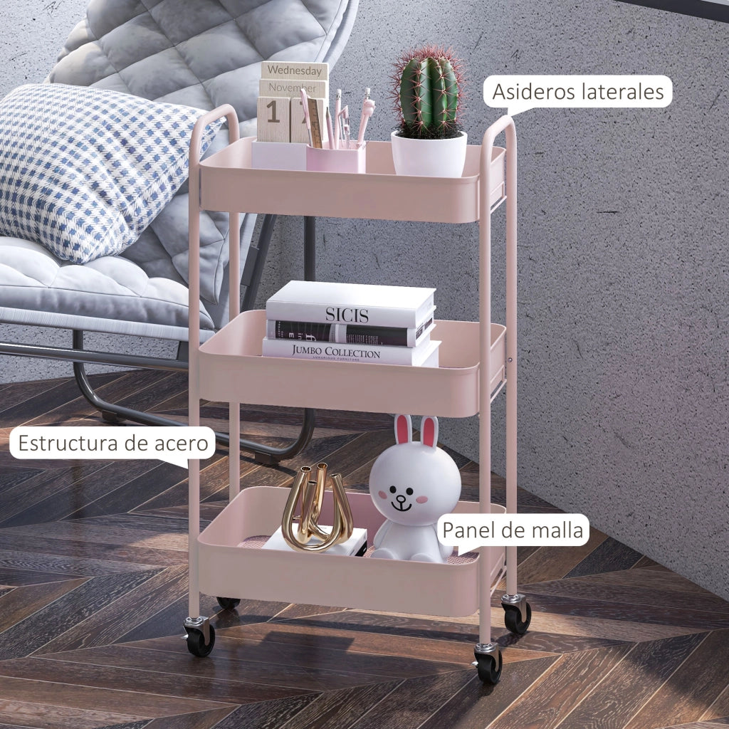 Carrello con 3 Cestini ¨C Zephmum ¨C Grigio Rosa Acciaio 45x30.6x79 cm
