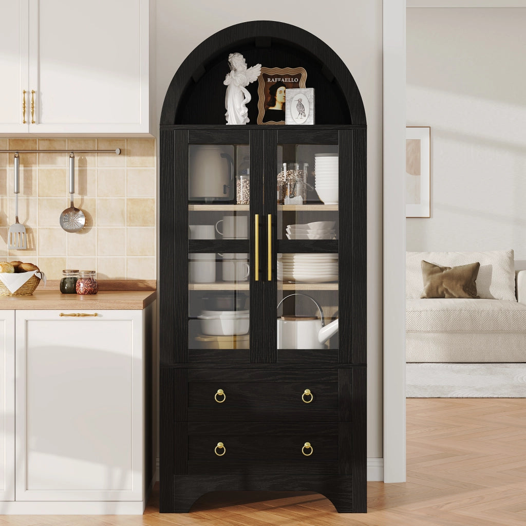 Credenza alta con 2 ante in vetro, 2 cassetti e 2 ripiani regolabili, per cucina, nero, 76.2 × 40.1 × 180 cm