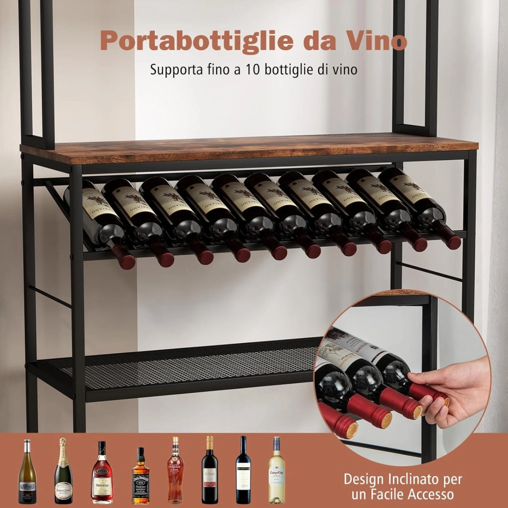 Scaffale da Cucina a 6 Ripiani con Portabottiglie, Scaffale Porta Microonde con Portabottiglie Inclinato e 2 Ripiani in Rete, per Cucina Sala da Pranzo, 90x35x165 cm,Carico 125 kg
