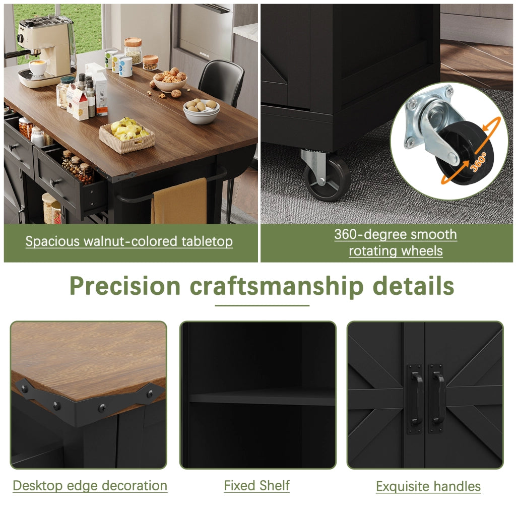 OKWISH Isola da cucina con 2 ante scorrevoli e 3 cassetti, piano ribaltabile, ruote, per cucina, nero