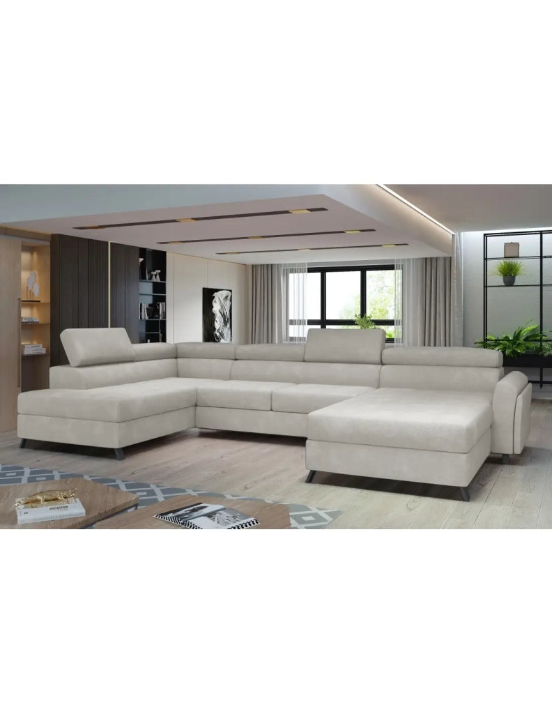 Divano panoramico Beige 5 posti angolo sinistro in schiuma T30 e HR CLOTIS