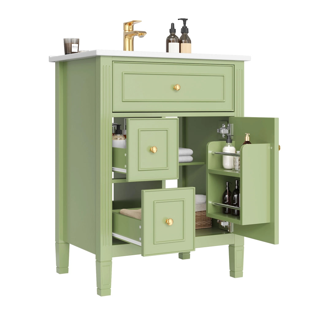 Mobile bagno con 1 anta; 3 cassetti e lavabo in ceramica; soft close; per bagno; 61×47×86 cm; verde