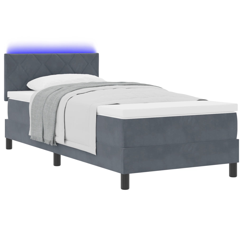 Struttura letto a molle con materasso e LED grigio scuro 90x200 cm in velluto