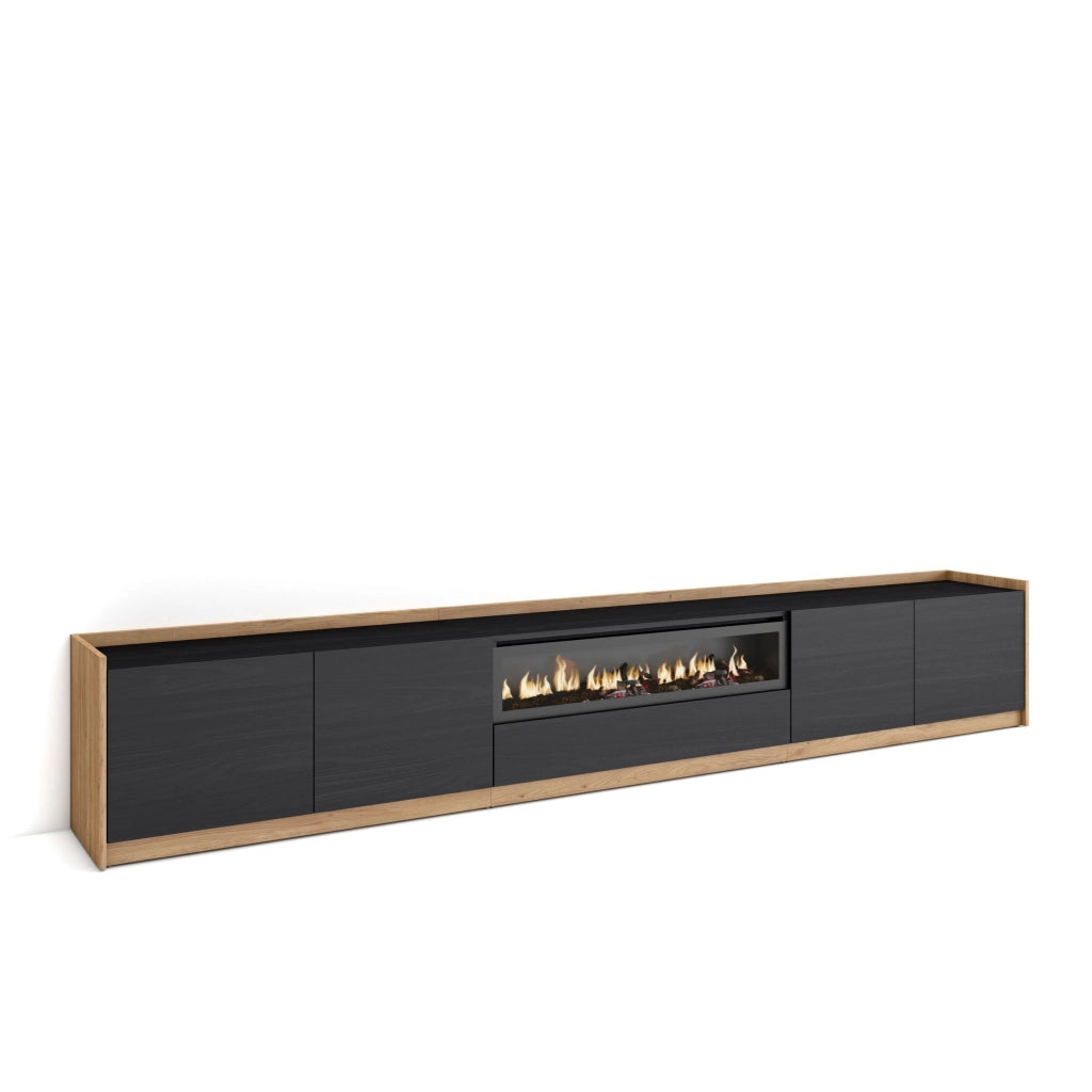 Mobile TV Soggiorno, 310x50x37 cm, Per TV fino a 80", Camino elettrico, Nero e rovere