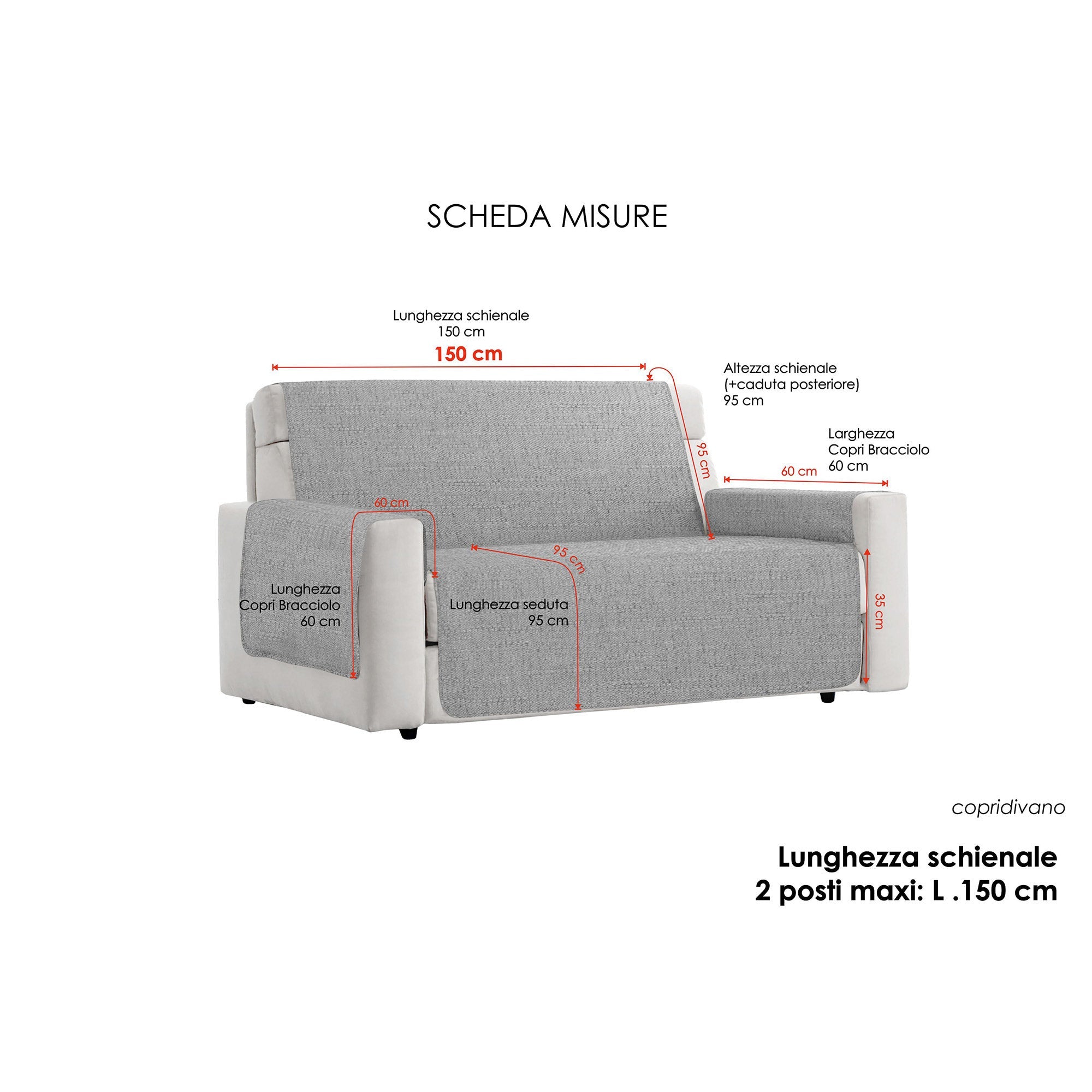 Copridivano con Copri Braccioli Seduta 60 cm in Poliestere Grigio Scuro