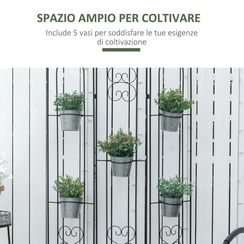 PORTAPIANTE VERTICALE PIEGHEVOLE CON 5 VASI DA ESTERNO IN METALLO, 82X12.5X150CM, NERO