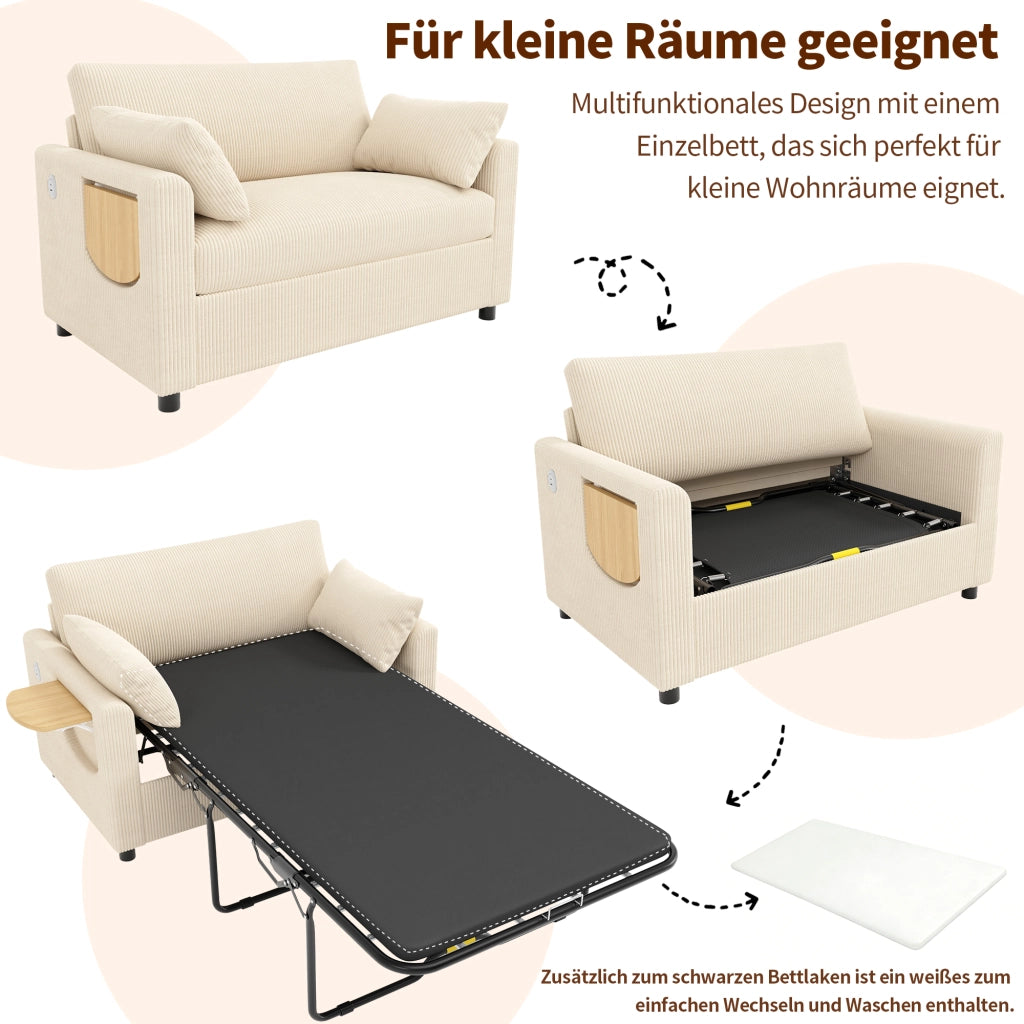 Divano letto convertibile a 2 posti in tessuto a coste con tavolino pieghevole, porte USB e tasca laterale beige