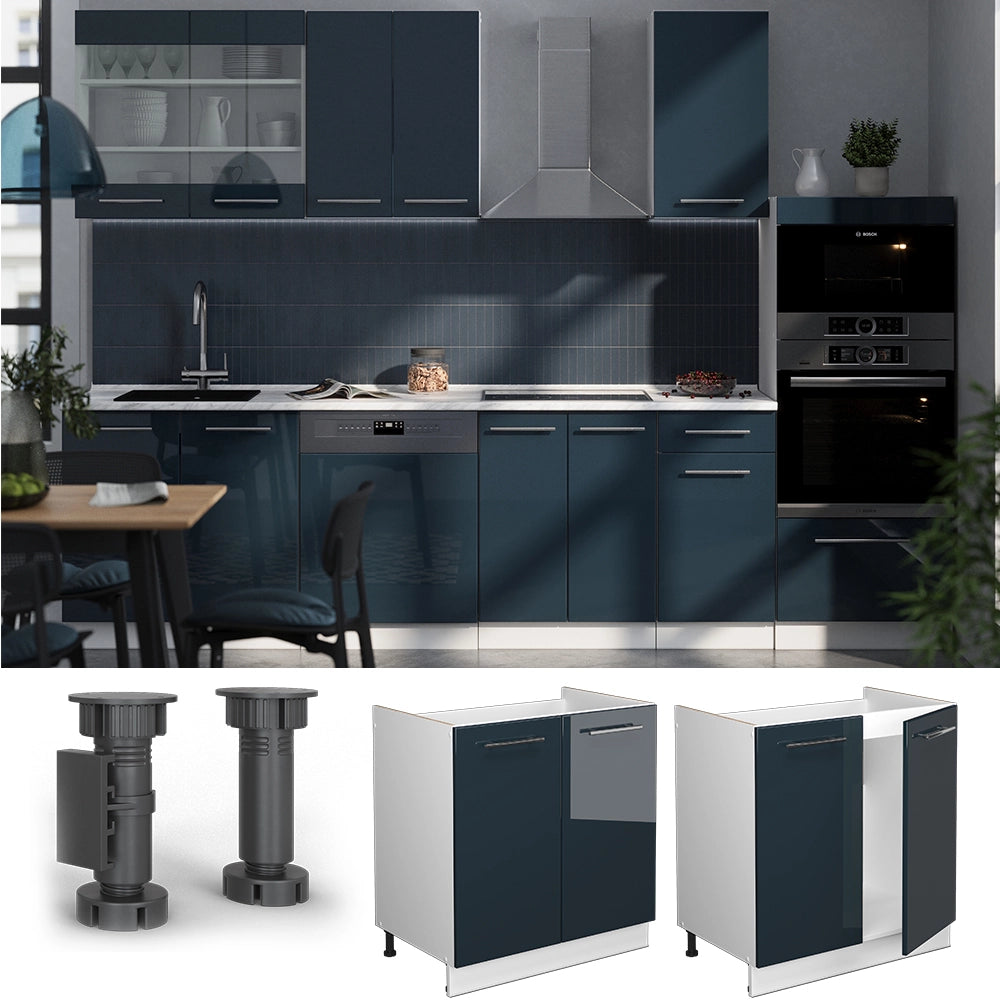 Mobile lavello cucina Fame-Line Blu scuro lucido/Bianco 80 cm, PL Antracite Vicco