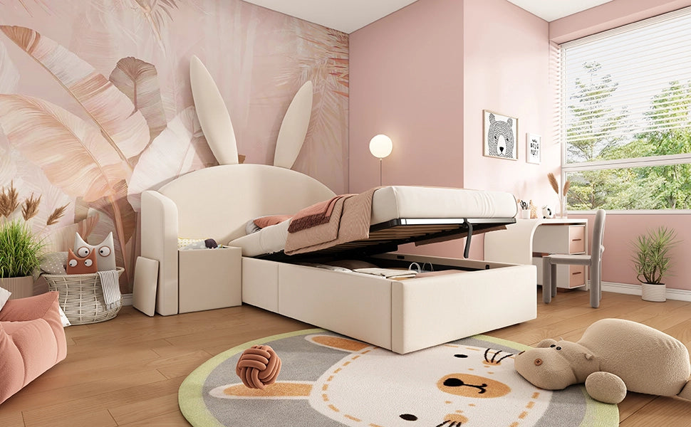 Letto per bambini 90 × 200 cm con contenitore idraulico, comodino reversibile, senza materasso, beige