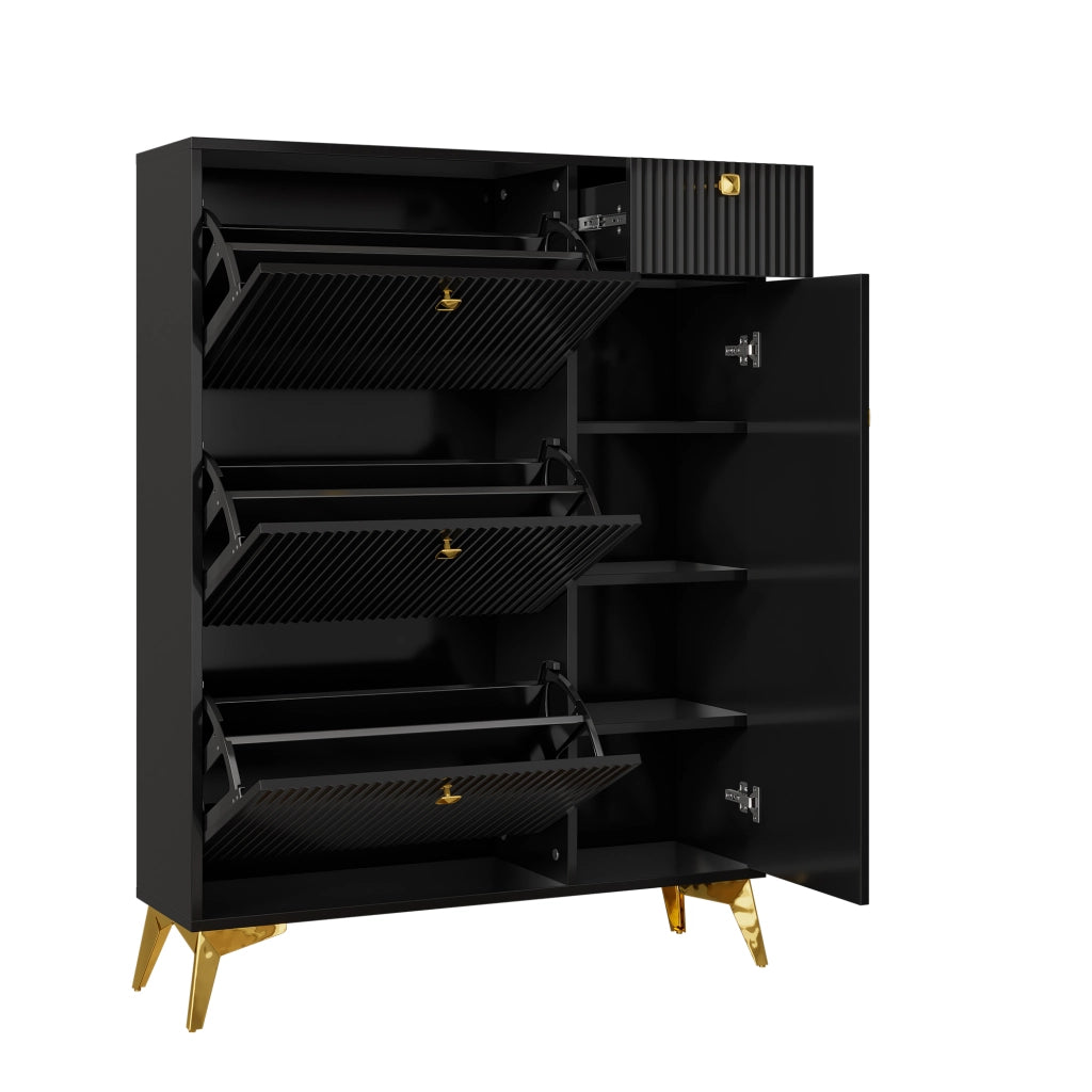 Scarpiera moderna stretta con 3 ante ribaltabili, 1 cassetto e 1 sportello, colore nero, 90 x 25 x 121 cm