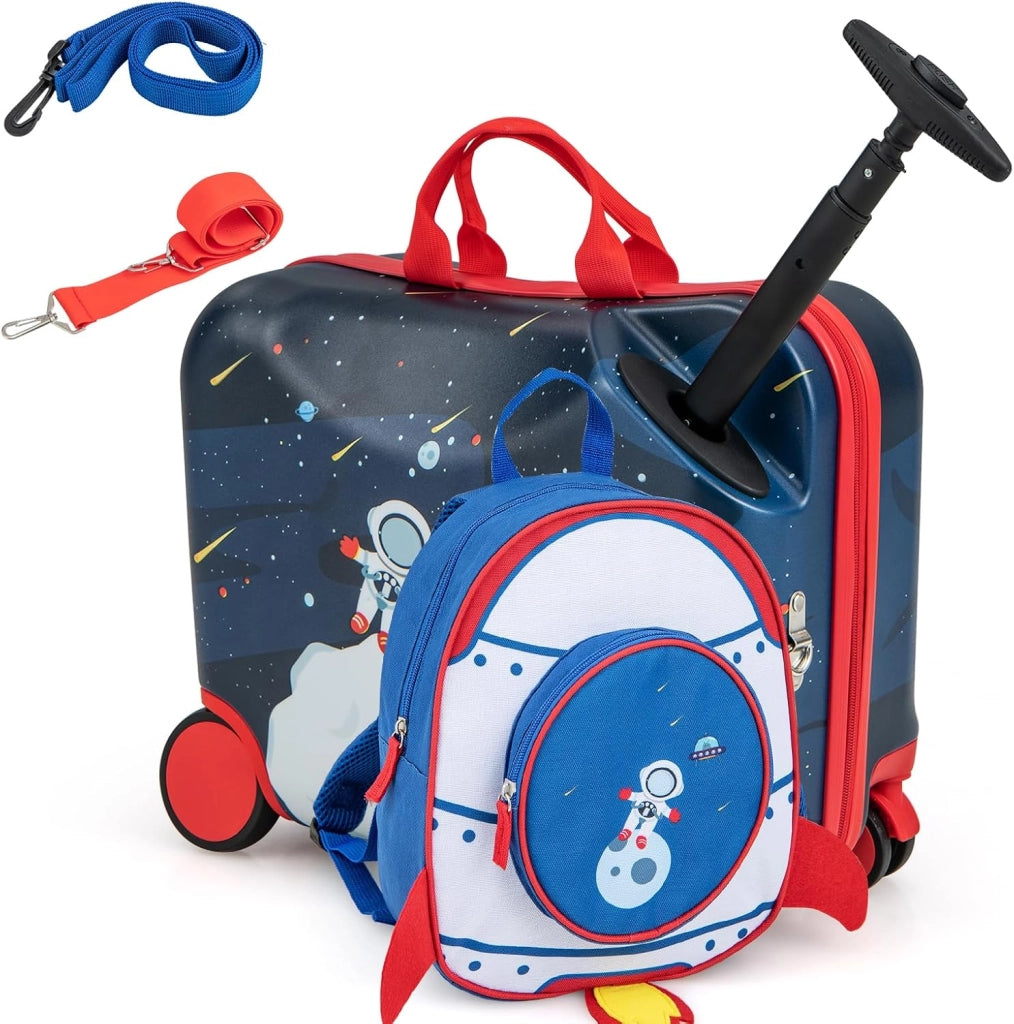 Set di Valigia Cavalcabile 18’’ + Zaino 12’’ per Bambini 2 Pezzi, Bagagli 2-in-1 di con Maniglia Telescopica e 4 Ruote, Trolley Bagaglio a Mano e Zaino per Bambini (Rosa Unicorno-C)