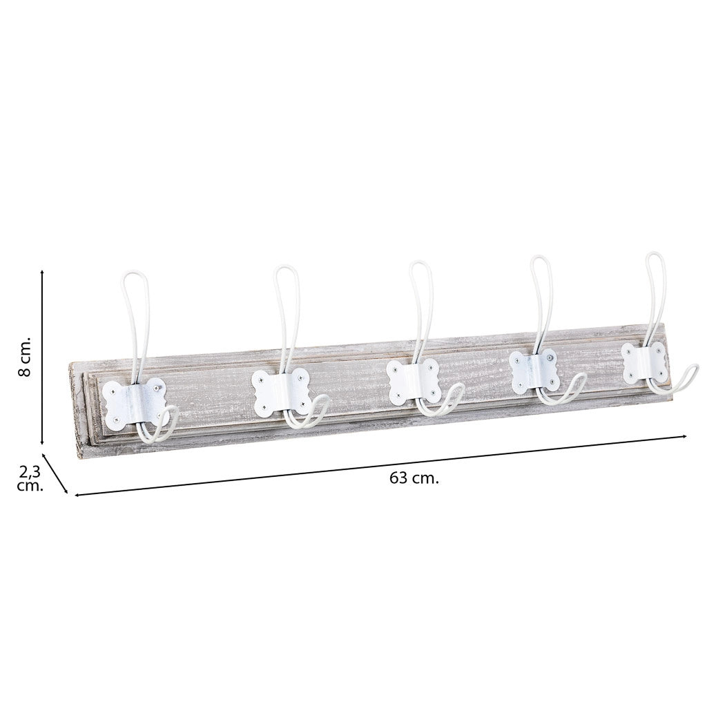 Appendiabiti da parete in legno con 5 ganci 63x2,3x8h cm