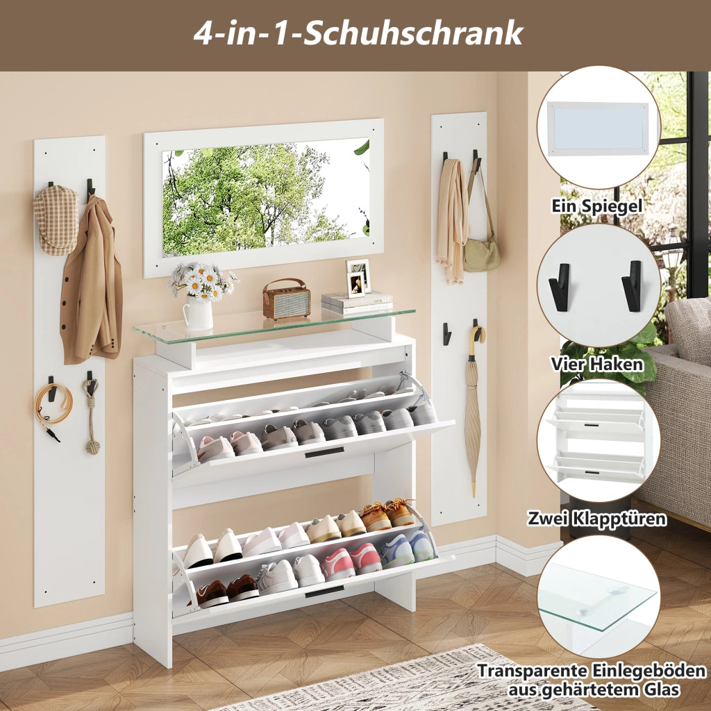 Mobili da ingresso con specchio e scarpiera a 2 ripiani ribaltabili con 8 ganci, bianco, per ingresso, 89,5 × 23 × 96,5 cm