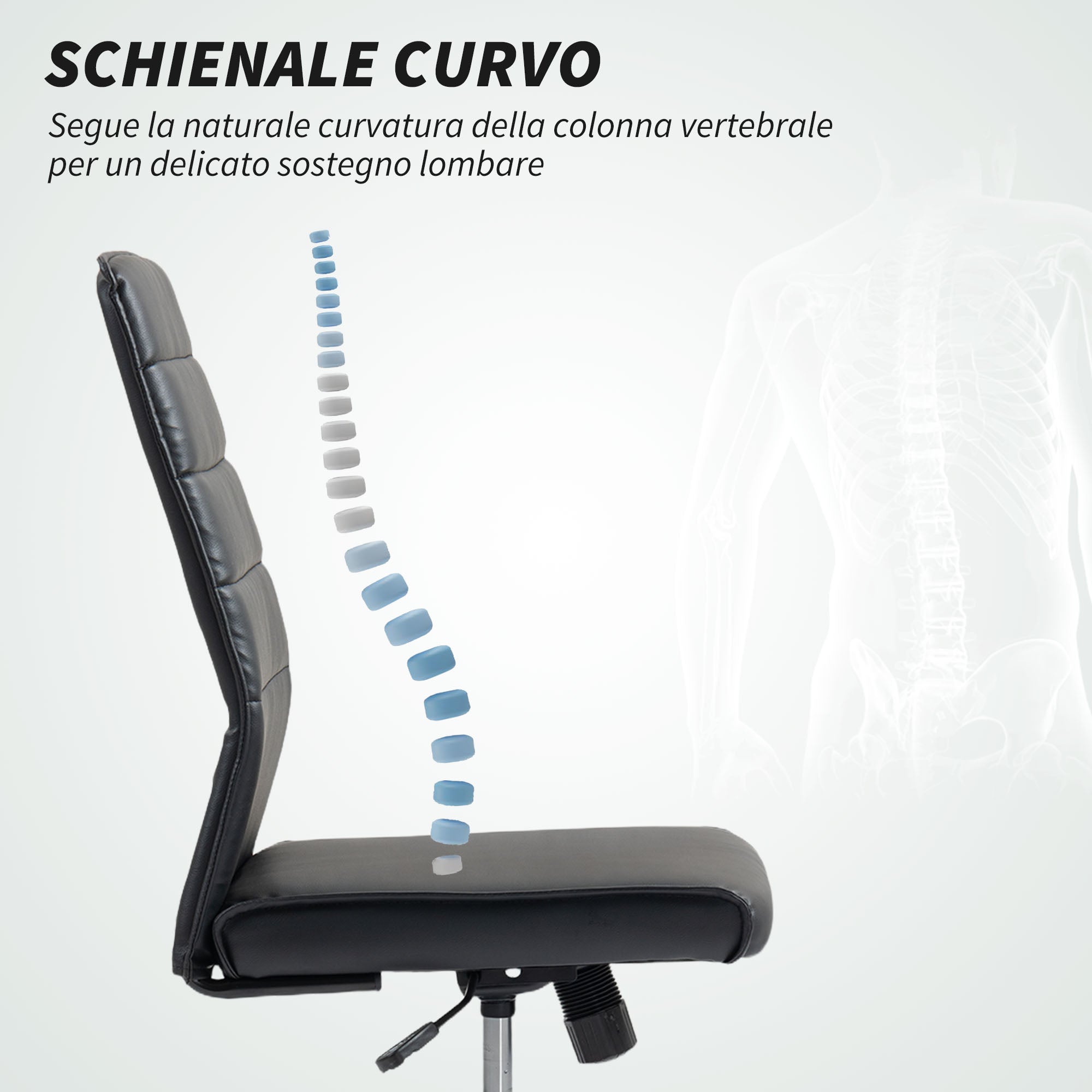 Sedia da Ufficio Ergonomica e Regolabile 58x53x97-107 cm con Schienale Ricurvo in Pelle PU e Acciaio Nero