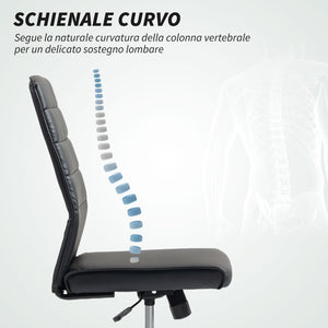 Sedia da Ufficio Ergonomica e Regolabile 58x53x97-107 cm con Schienale Ricurvo in Pelle PU e Acciaio Nero