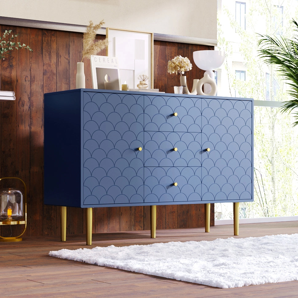 Comò Sideboard con 2 ante e 3 cassetti, ripiano regolabile, Blu Marino, 120x40x83 cm