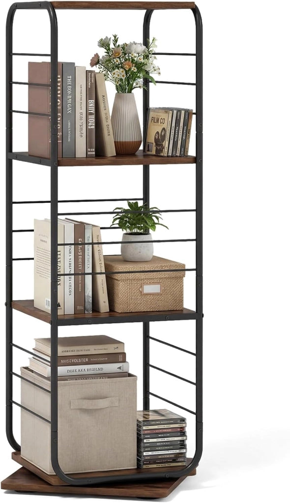 Libreria Girevole a 4 Ripiani, Torretta Libreria Rotante a 360° con Struttura in Metallo, Scaffale d'Angolo Salvaspazio per Casa, Ufficio e Soggiorno, 40x40x115 cm (Bianco)
