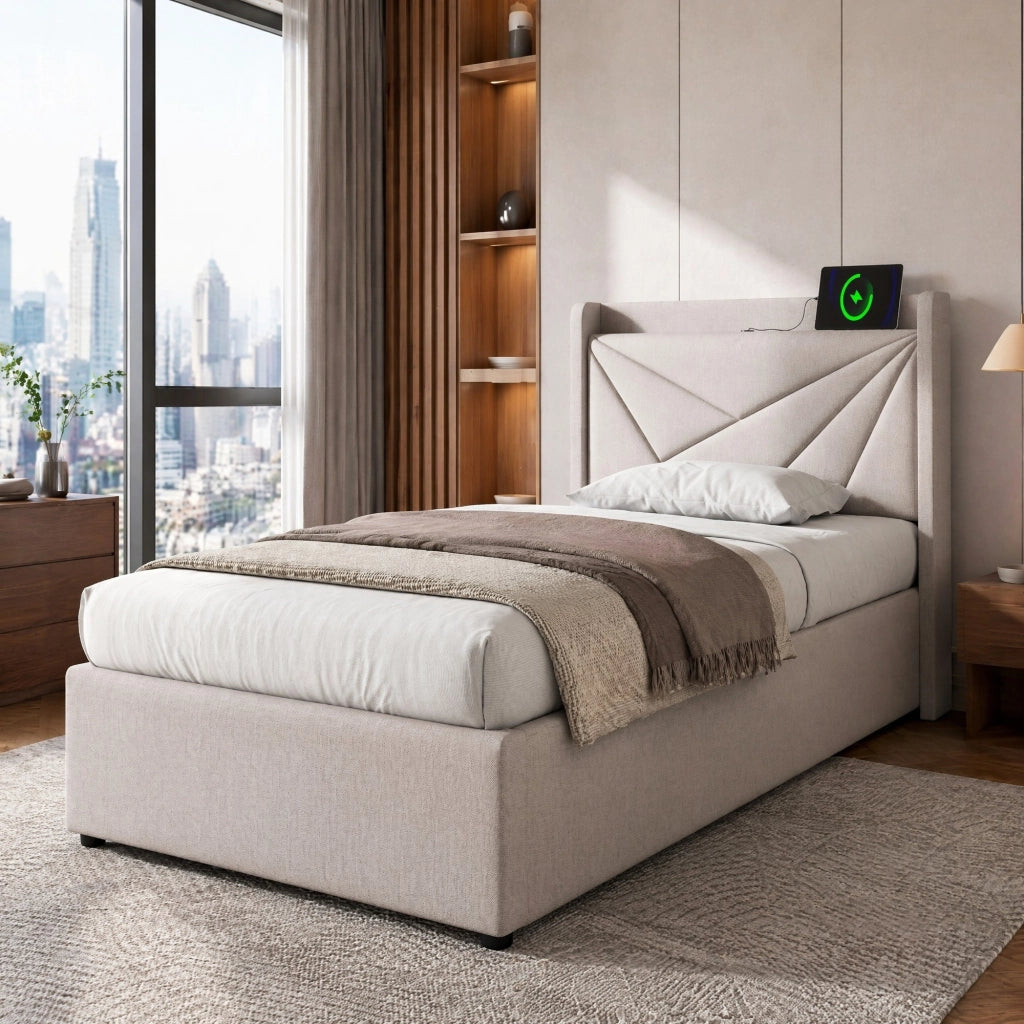 Letto singolo con contenitore 90x200 cm in cotone lino beige; testiera con USB e Tipo C