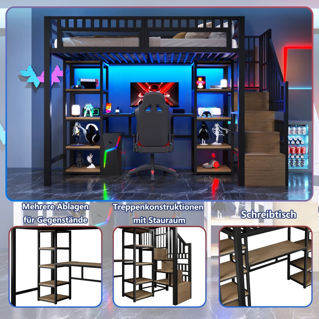 Letto a castello nero 90x200 cm ferro mdf con scrivania scala con contenitore luce led usb