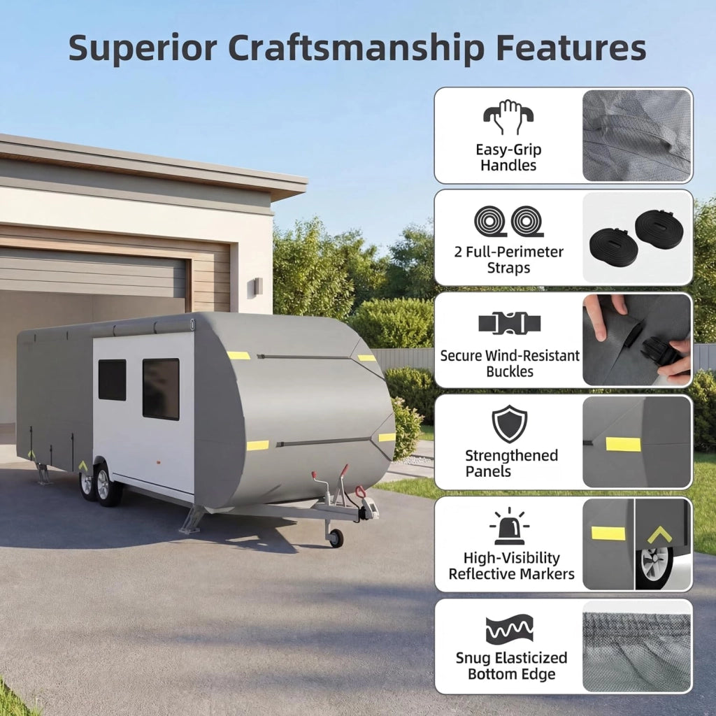 Copertura di Protezione per Camper, Telo Copri Caravan in Tessuto a 5 Strati, Cover Roulotte, Traspirante, Resistente a Vento, Acqua e Sole, con Borsa Trasporto (568 x 267 x 259cm)