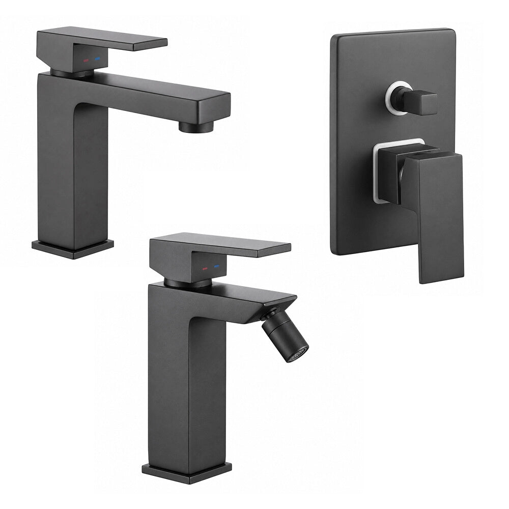 Set miscelatori lavabo bidet e doccia a due vie nero opaco Amber