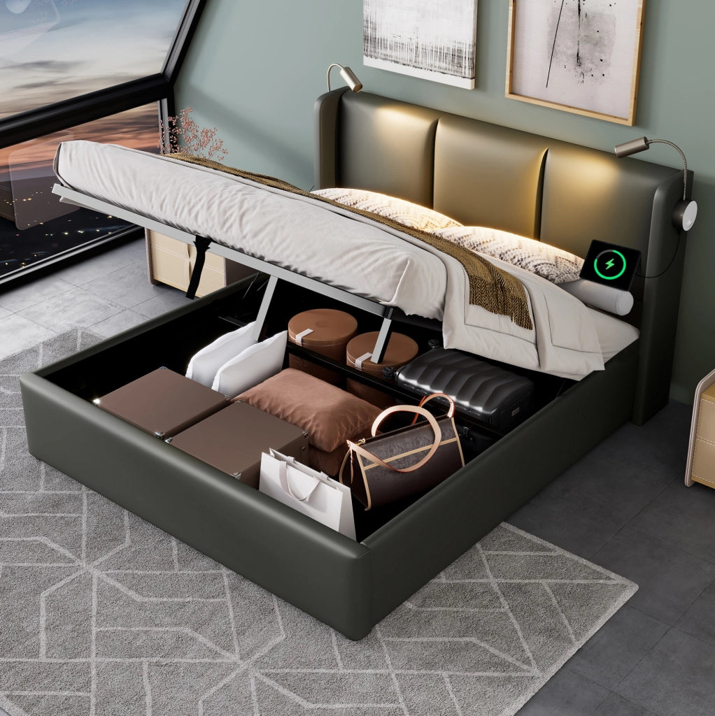 Letto matrimoniale 180x200 cm con contenitore; luce da lettura e 2 porte USB; grigio