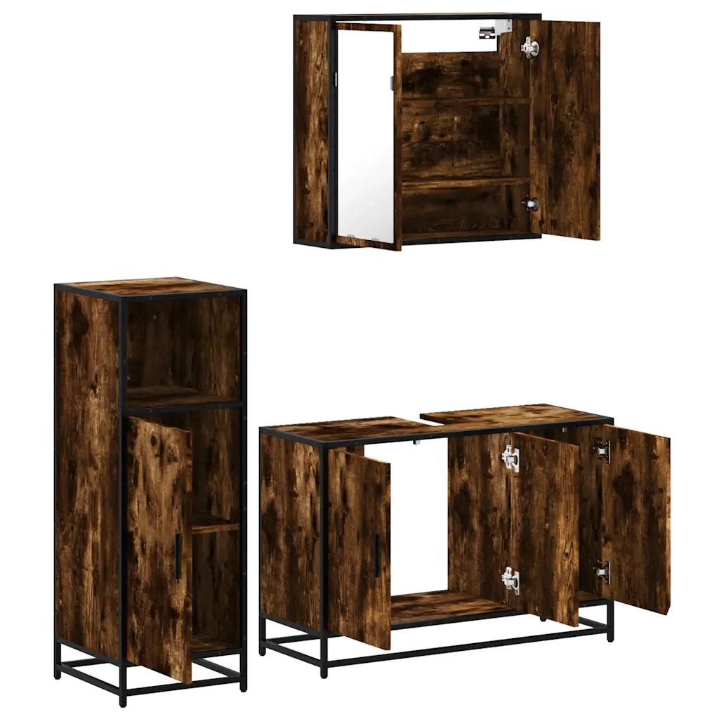 Set Mobili da Bagno 3 pz Rovere Fumo in Legno Multistrato