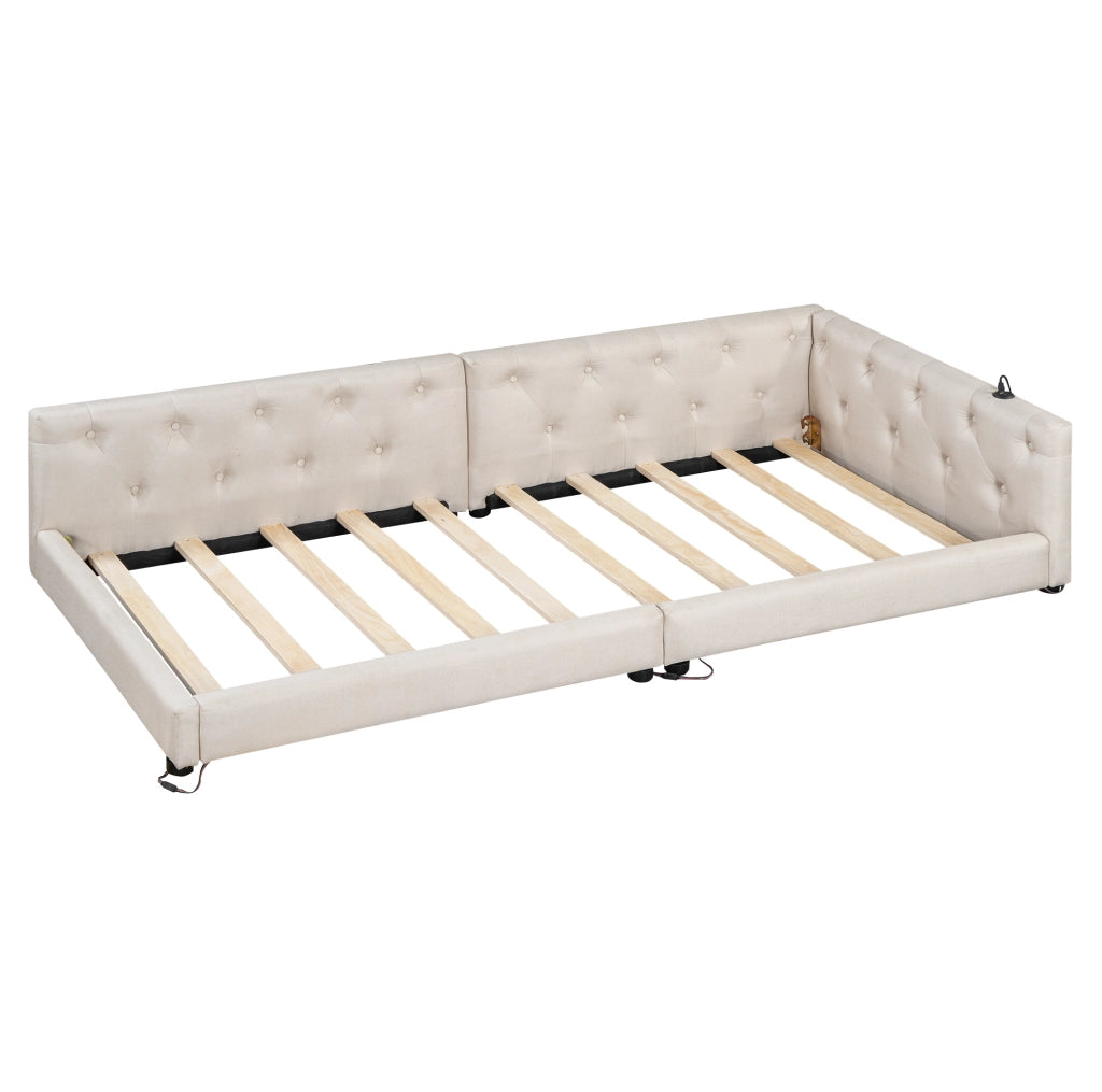 Letto daybed 90x200 cm in lino beige con LED, USB e Type-C