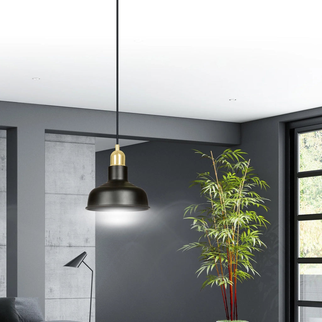 Sospensione Industrial 1 Luce Dhanapati Acciaio Nero Con Elementi In Oro