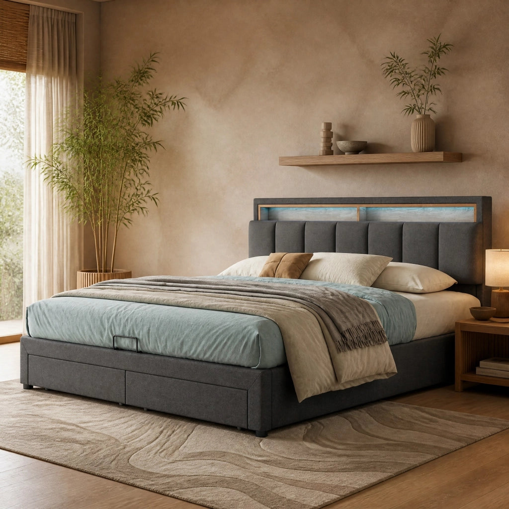 Letto imbottito 180x200 cm con LED, rete a doghe, vano contenitore e struttura in MDF e acciaio, grigio scuro