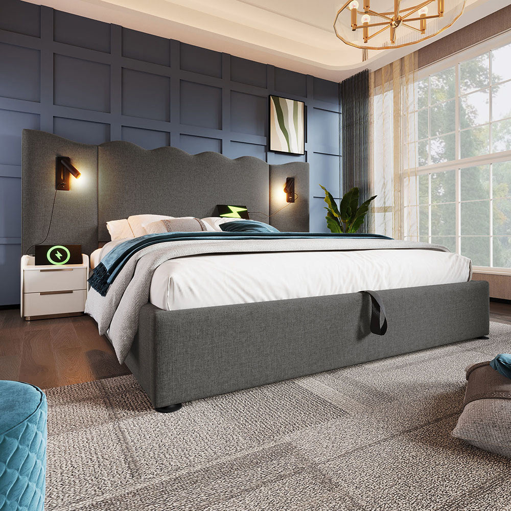Letto matrimoniale imbottito - Xylo - 160x200 cm - Grigio - Con luce lettura e USB Type-C