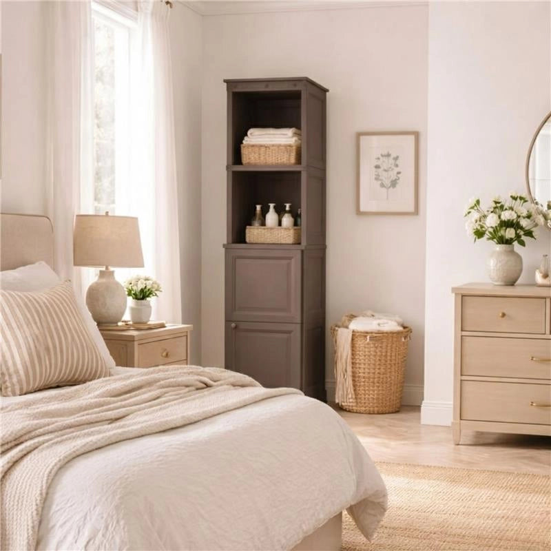 MOBILE 2 MODULI WENGÉ 40X43X164 CM CON ANTE FINITURA LEGNO E 2 MODULI SCAFFALE – CONTENITORE VERTICALE SALVASPAZIO PER ORGANIZZAZIONE CASA