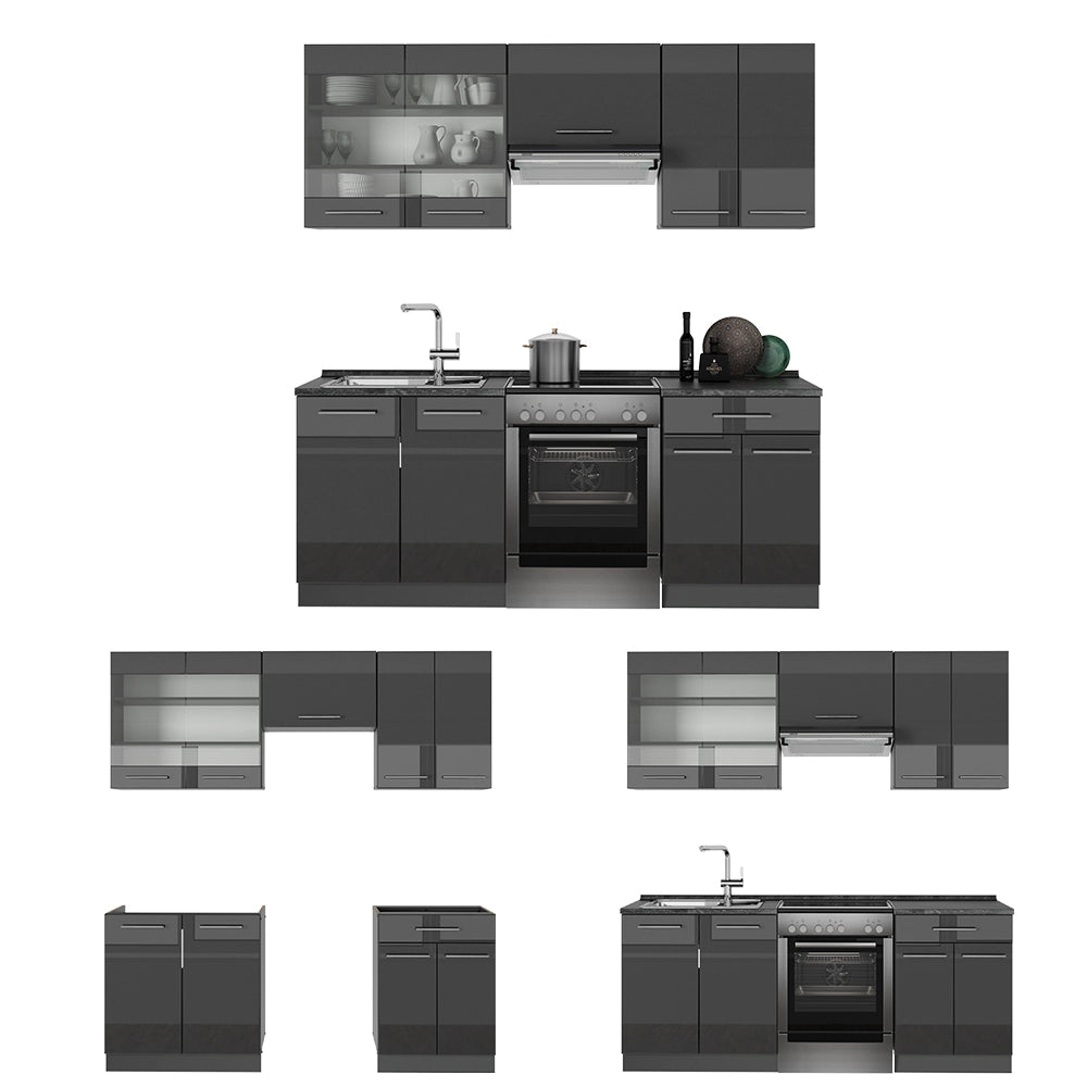 Cucina componibile Fame-Line Antracite lucido/Antracite 200 cm, PL Marmo Vicco