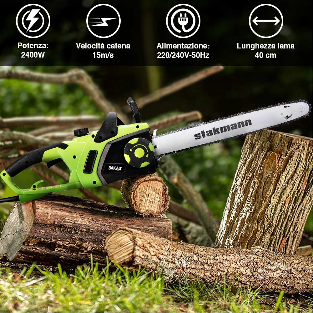 Motosega Elettrica 2400W Sega a Catena Taglio 40cm Legna Rami con Freno e olio