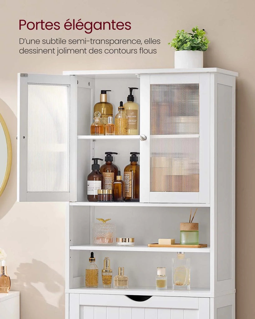 Mobiletto da bagno con illuminazione 30 x 60 x 170 cm con ripiani regolabili cassetto e vani a giorno per bagno soggiorno o sala da pranzo bianco 12_0008023