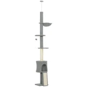 Albero per Gatti da Pavimento a Soffitto, di Altezza Regolabile 220-240cm, con Amaca, Piattaforme a Fiore, Tana, Rampa e Pallina, Grigio Chiaro