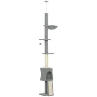 Albero per Gatti da Pavimento a Soffitto, di Altezza Regolabile 220-240cm, con Amaca, Piattaforme a Fiore, Tana, Rampa e Pallina, Grigio Chiaro