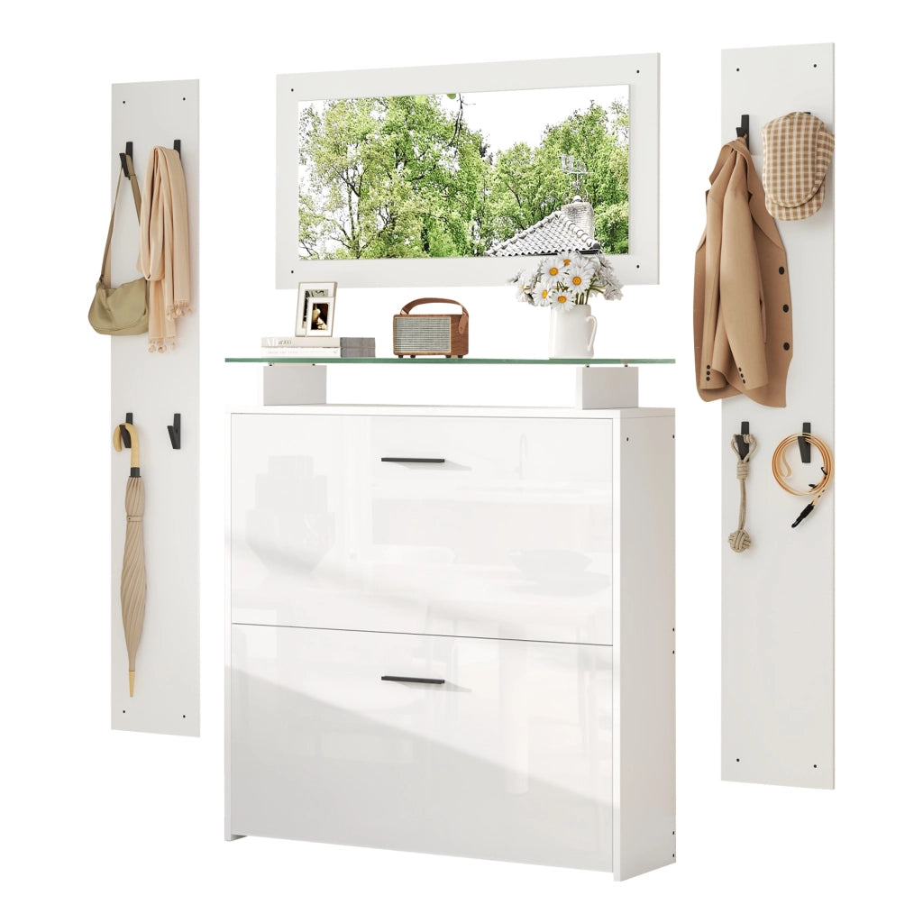 Set Guardaroba Ingresso 4 Pezzi Bianco 89;5×23×96;5 cm con Specchio; Scarpiera Lucida e 8 Ganci