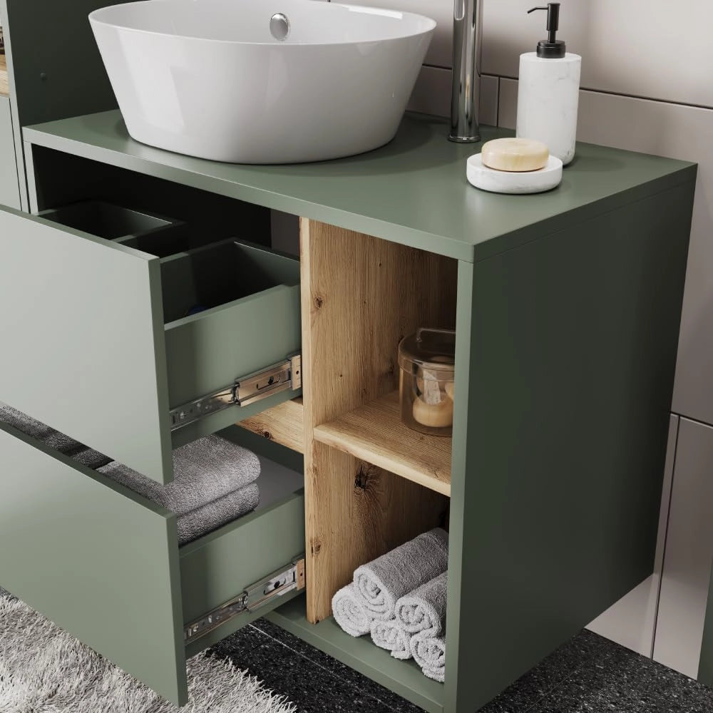 Mobiletto per lavabo Viola, Verde/Artigianale, 80 x 60 cm con 2 cassetti