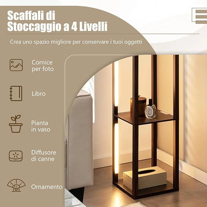 Lampada da Terra con Mensola, Lampadine LED Dimmerabili a 3 Livelli e Poli LED Ruotabili, Piantana Lampada da Terra per Soggiorno, Studio e Camera da Letto (Marrone)