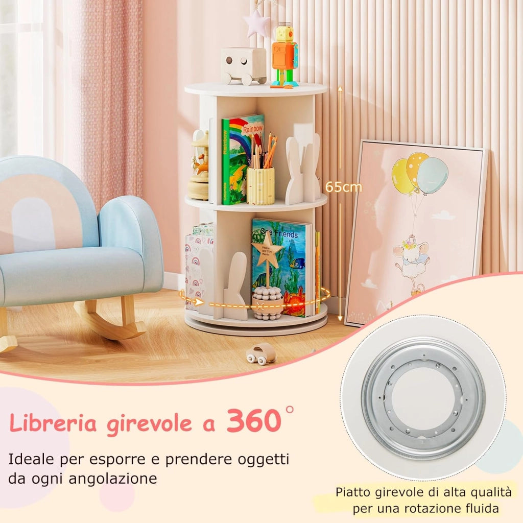 Libreria Girevole per Bambini, Scaffale Moderna in Legno a 2 Ripiani, Libreria Salvaspazio per Soggiorno, Camera da Letto e Studio, 40 x 65 cm (Bianco)