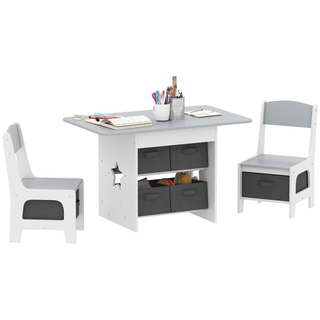 Set Tavolo e Sedie Bambini con 6 Cassetti ¨C zephmum ¨C Legno e Tessuto Grigio Bianco