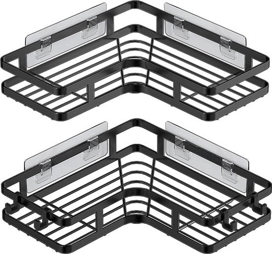 Cabina doccia angolare, pannelli doccia angolare con 4 ganci, pannelli doccia self-adesivi senza forare [2-pack], ripiano di stoccaggio per articoli igienici, organizzatore doccia in acciaio inossidabile per la stanza da bagno.